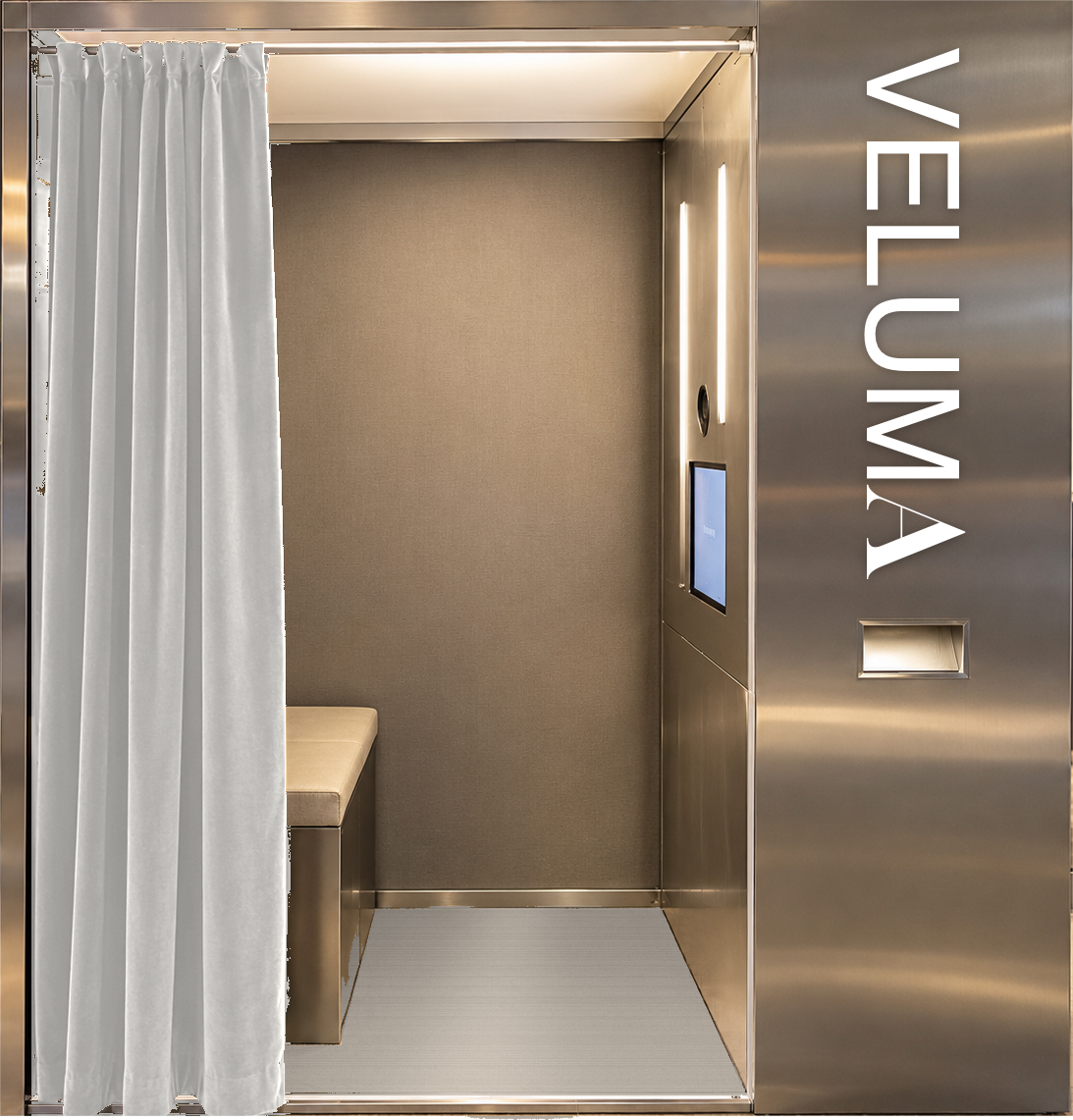 The Veluma reflective modular booth with branded curtain