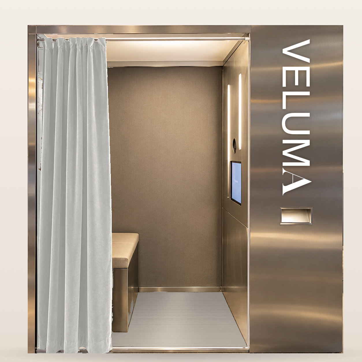 The Veluma reflective modular booth in brushed silver